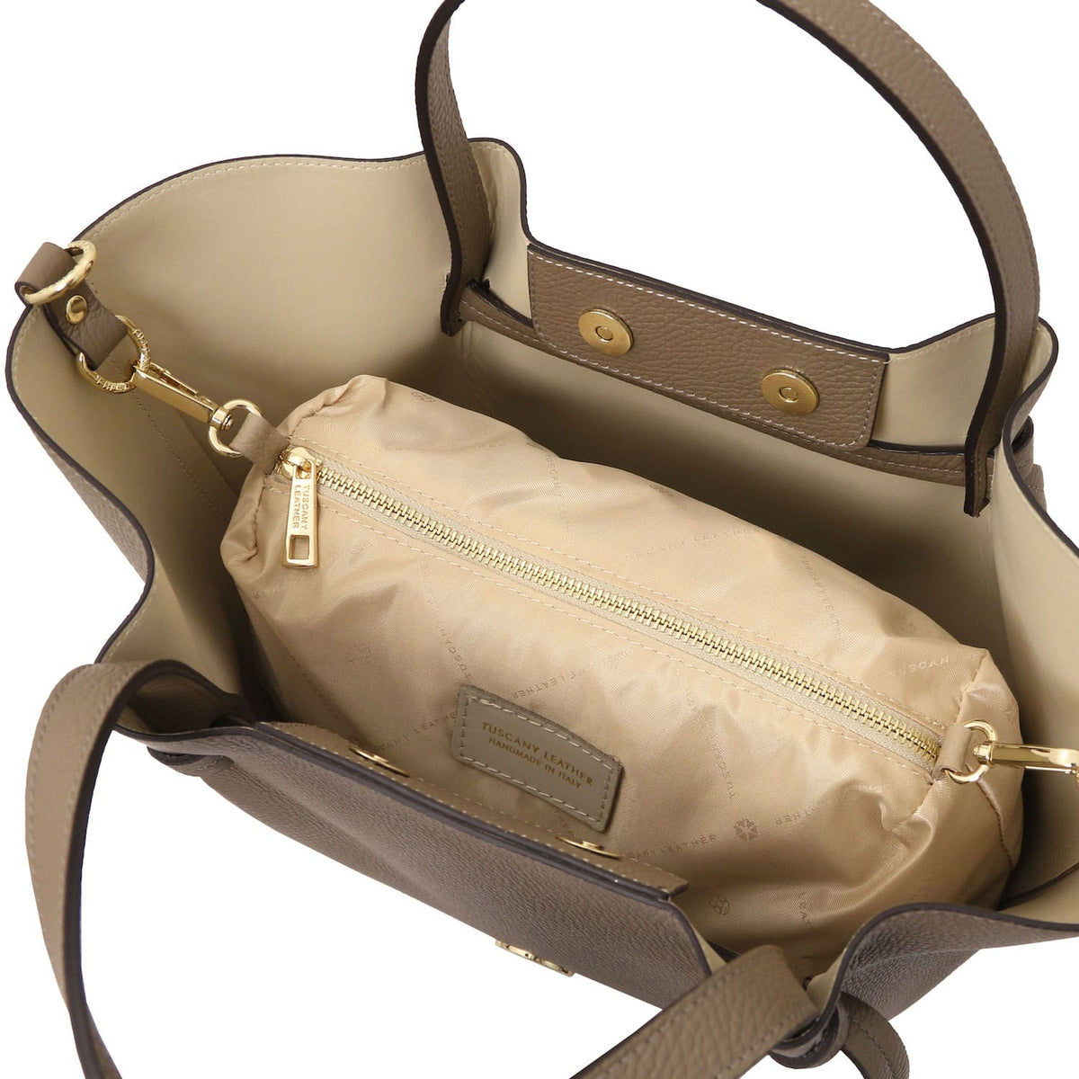 Legame - Italian leather shopping bag - Large size | TL142481 in taupe pebbled leather with detachable beige zippered pouch inside on white background