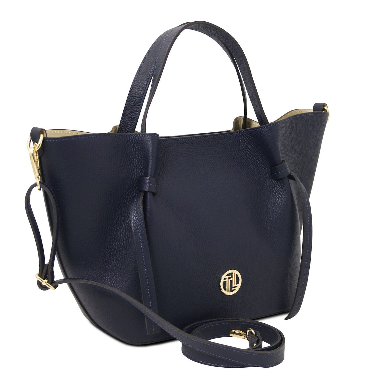 Legame - Italian leather shopping bag - Large size | TL142481 in navy pebbled leather with gold hardware, top handles, and detachable shoulder strap on white background
