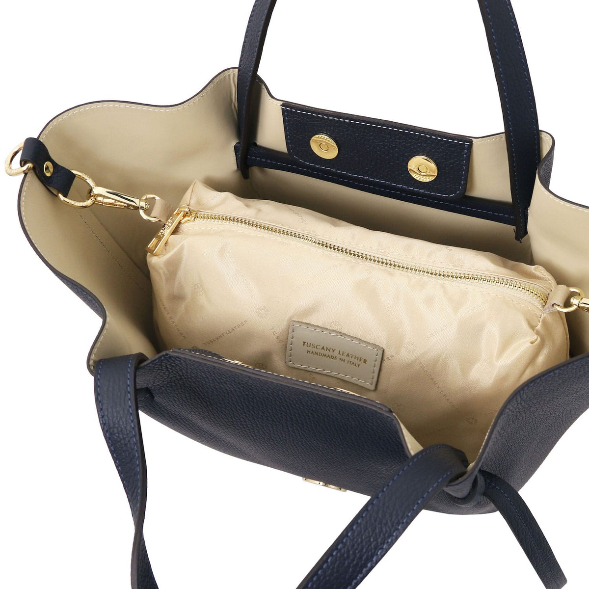 Legame - Italian leather shopping bag - Large size | TL142481 in navy pebbled leather with beige interior, gold hardware, and detachable pouch on white background.