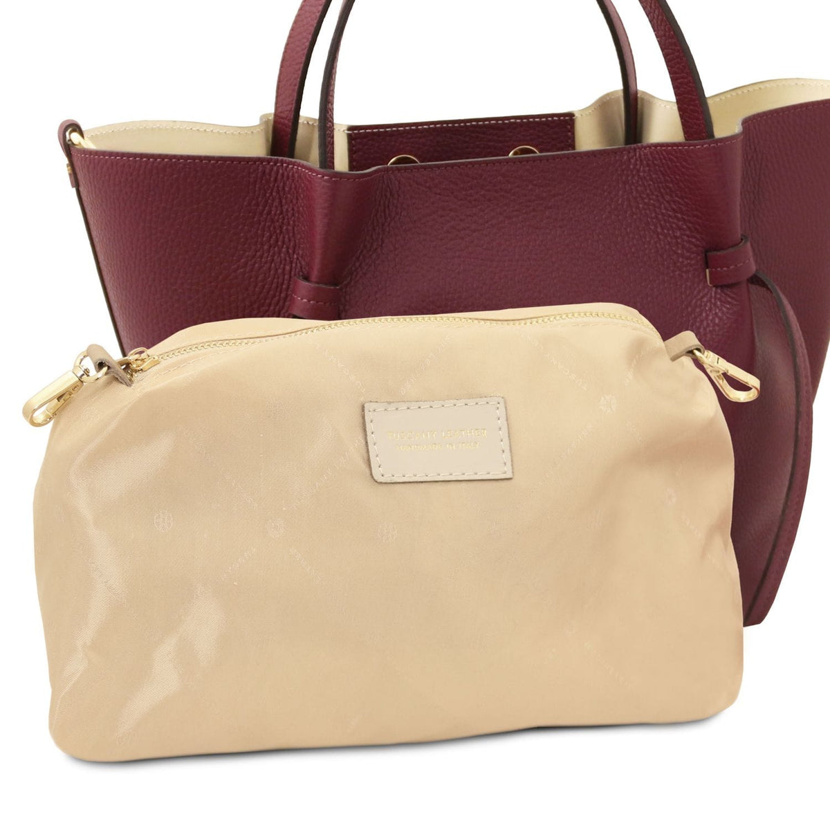Legame - Italian leather shopping bag - Large size | TL142481 in burgundy pebbled leather with dual top handles and beige removable pouch on white background