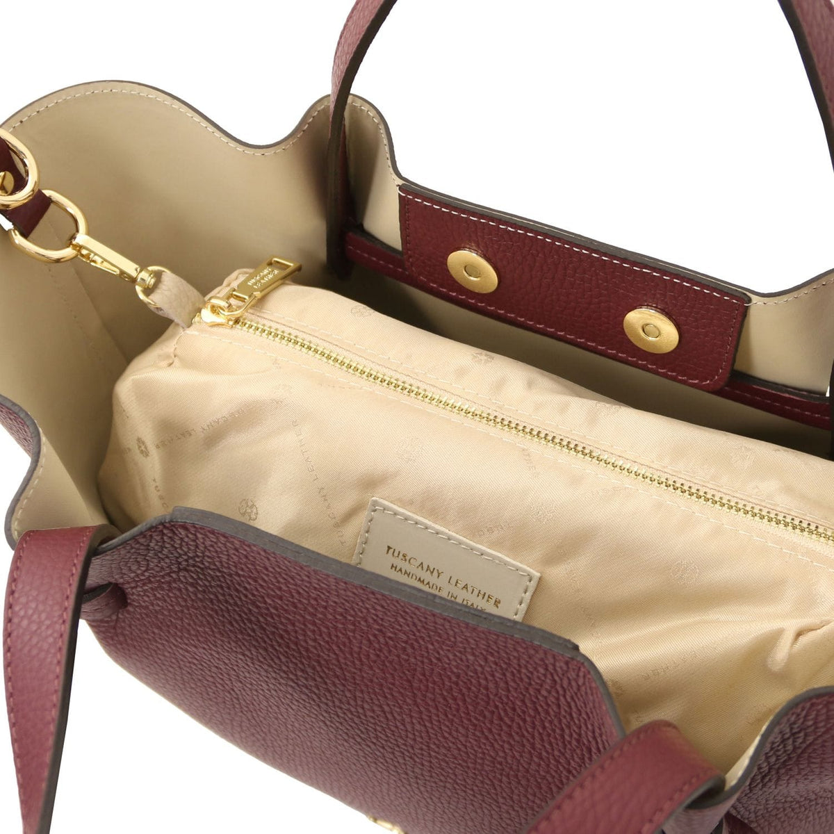 Legame - Italian leather shopping bag - Large size | TL142481 in burgundy pebbled leather with beige interior lining and zippered inner pouch on white background