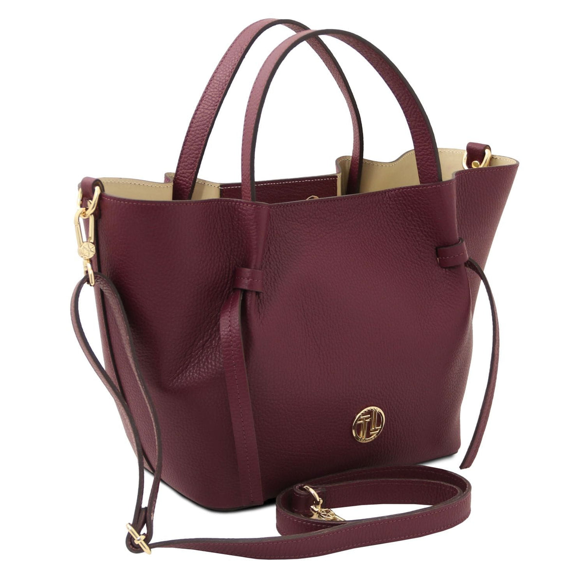 Legame - Italian leather shopping bag - Large size | TL142481 in burgundy pebbled leather with dual top handles, detachable shoulder strap, and gold hardware on white background.