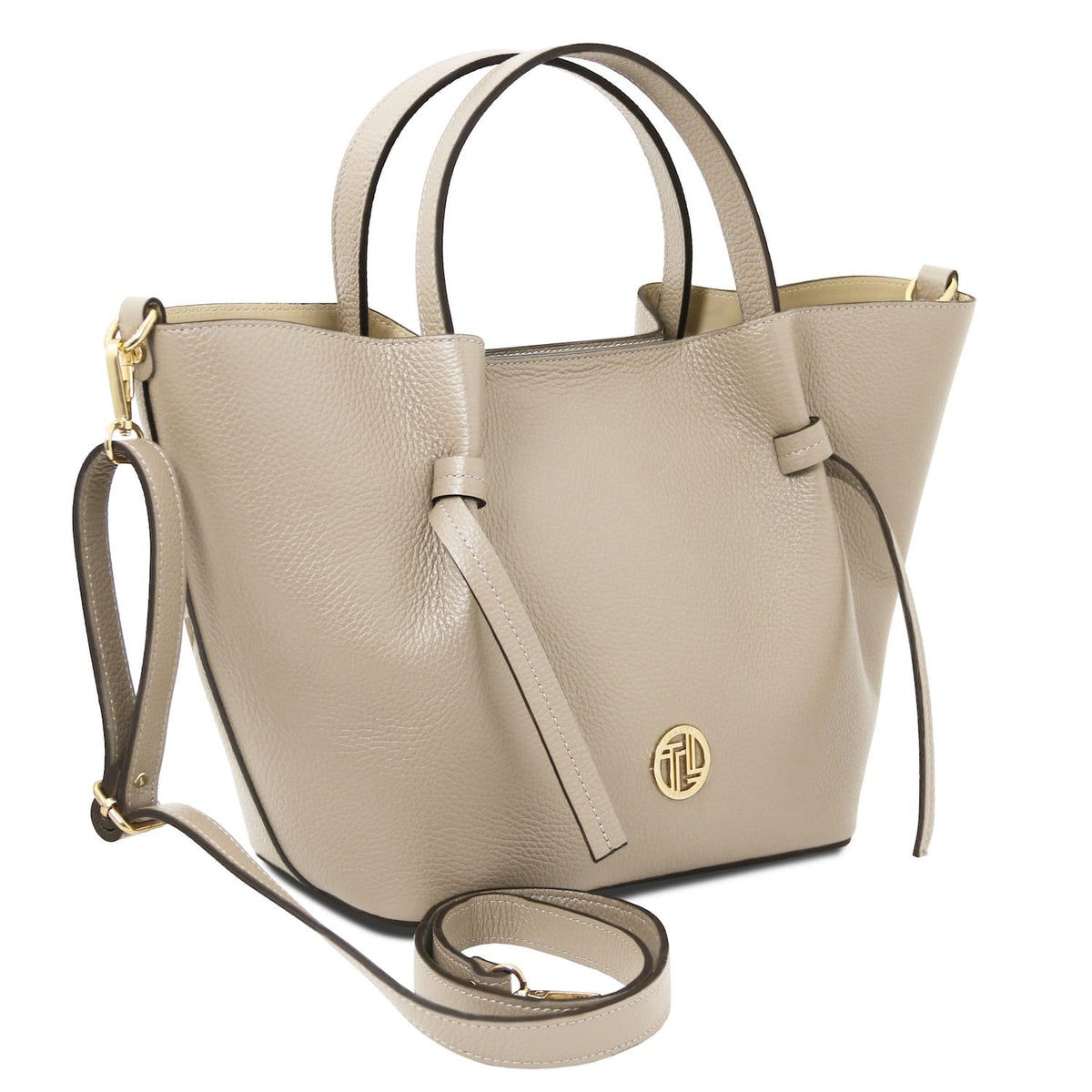 Taupe Legame large Italian leather shopping bag with top handles and a removable crossbody strap