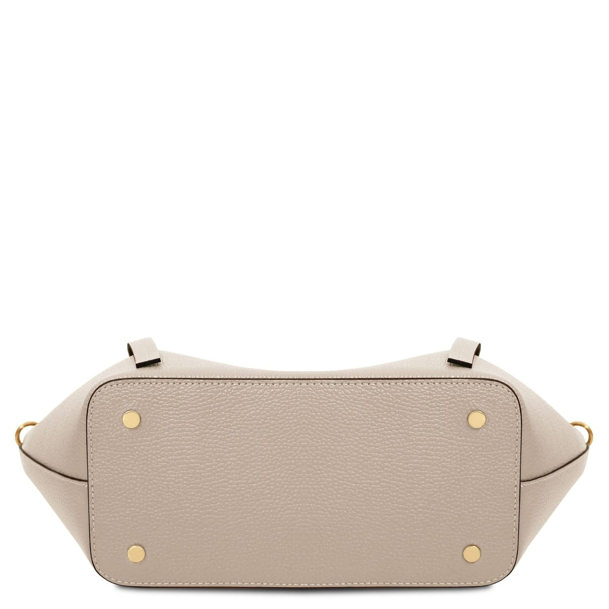 Bottom view of Legame large beige leather shopping bag with gold feet