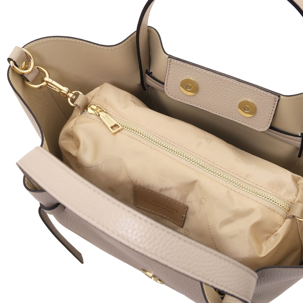 Interior of Legame large beige leather shopping bag with gold zipper pocket and beige lining