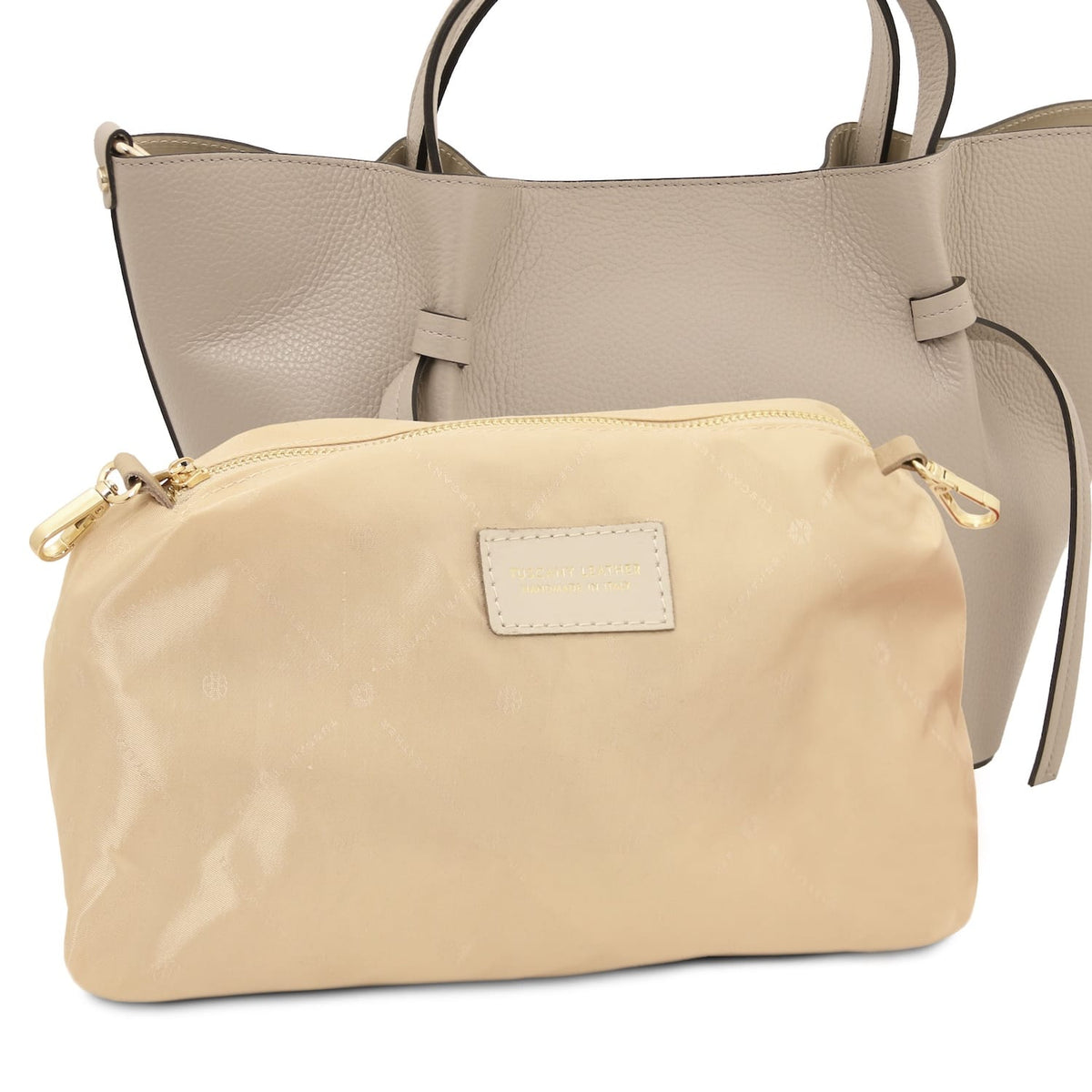 Legame large beige Italian leather shopping bag with two top handles and a matching zip pouch