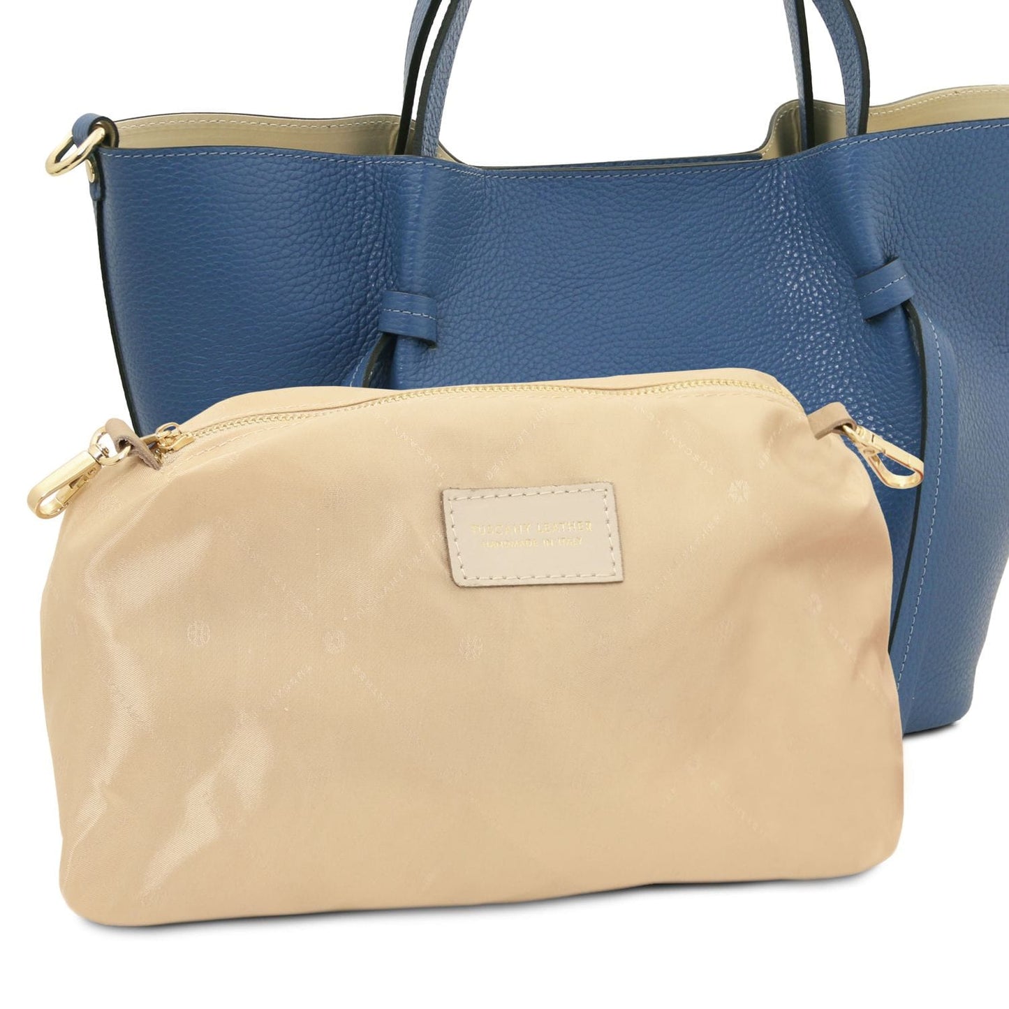 Blue pebbled leather tote with two handles and a beige zip pouch in front