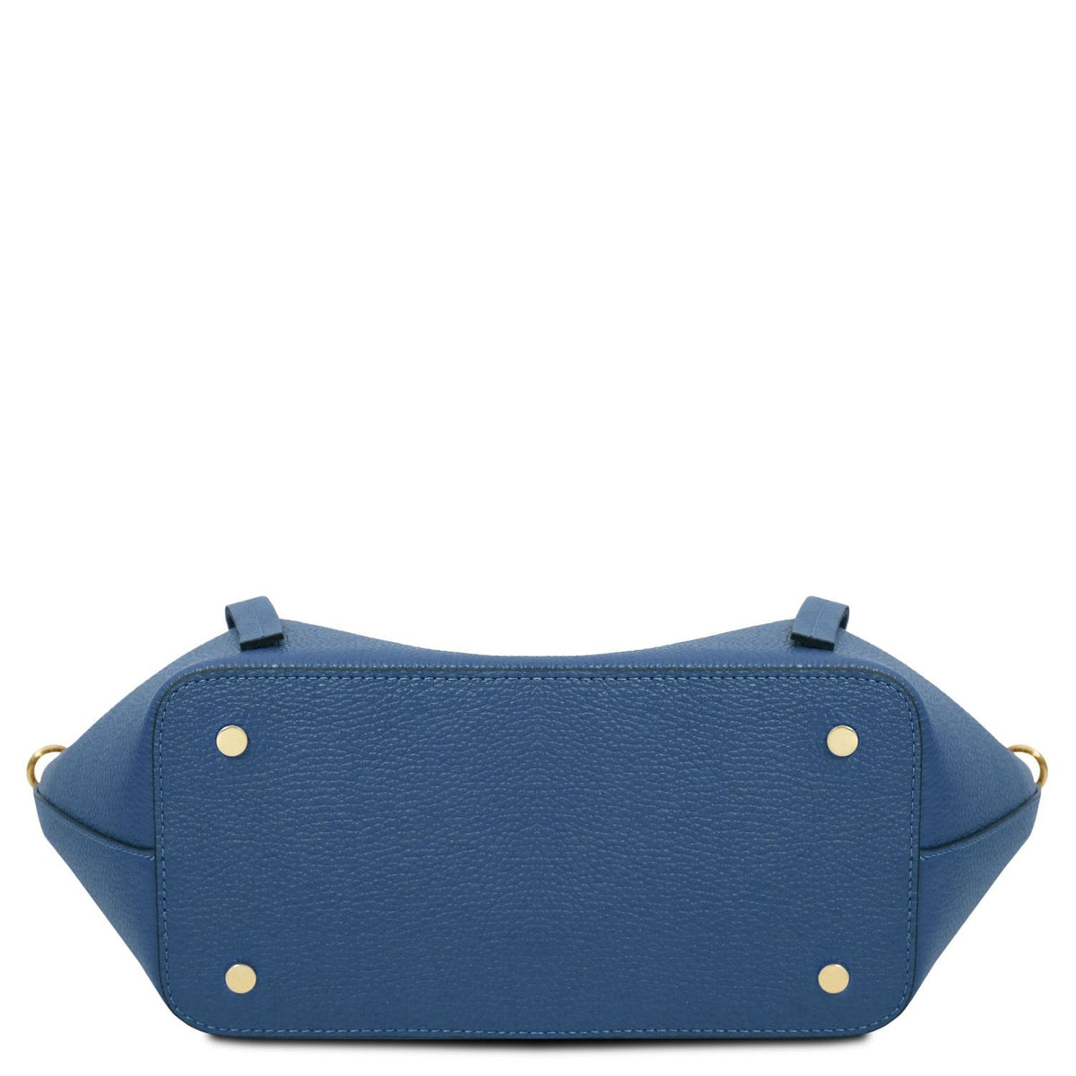 Bottom view of blue Legame bag with gold studs on each corner.