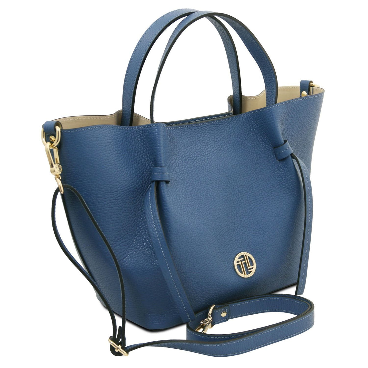 Legame blue Italian leather shopping bag with a gold circular emblem on the front
