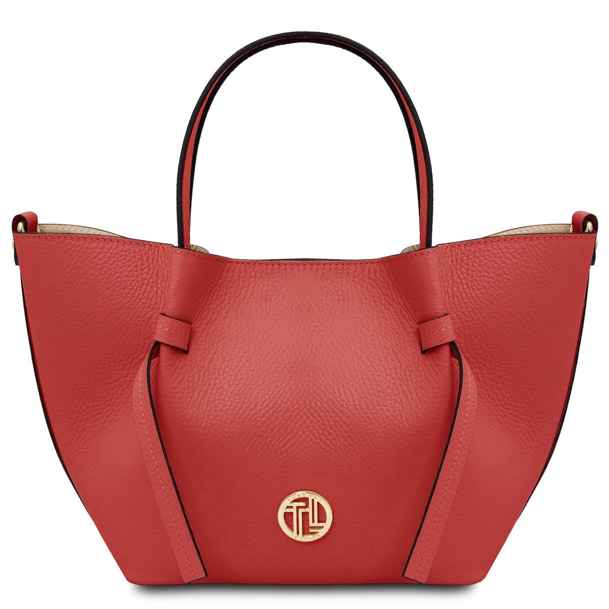 Red Legame small leather handbag with dual top handles and a gold emblem on the front.