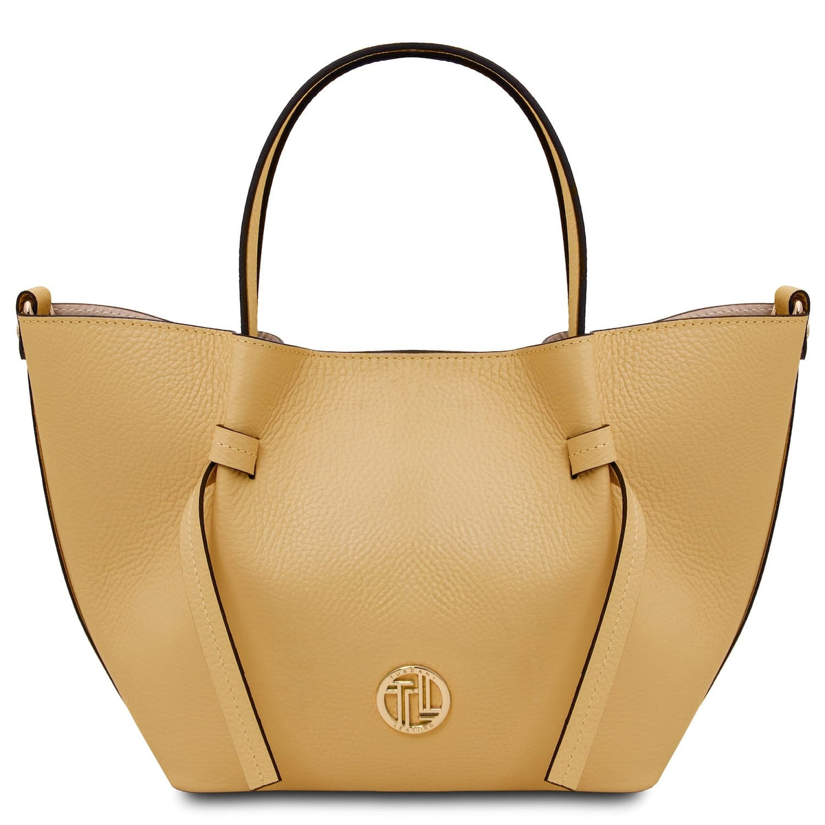 Mustard yellow Legame leather handbag with top handles and a circular gold logo plaque.