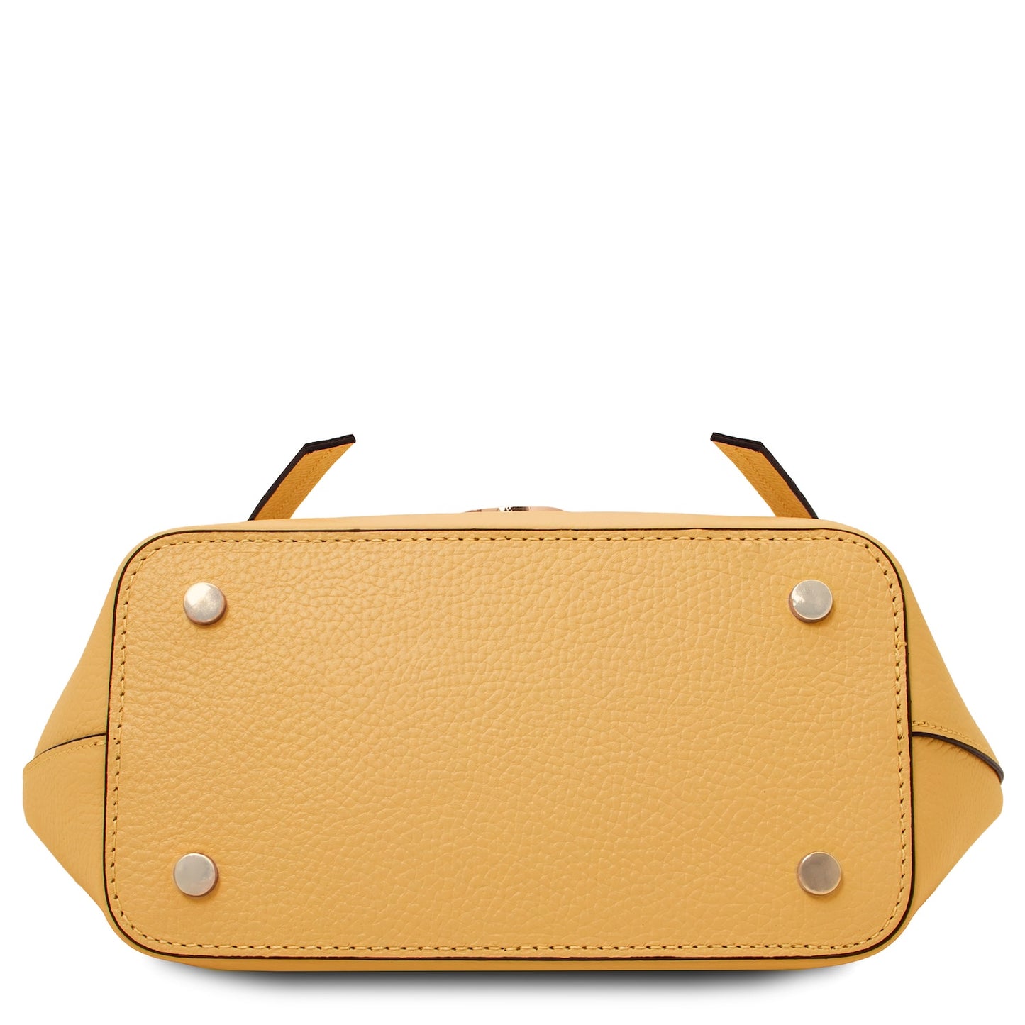 Bottom view of Legame small yellow leather handbag with four metal studs.