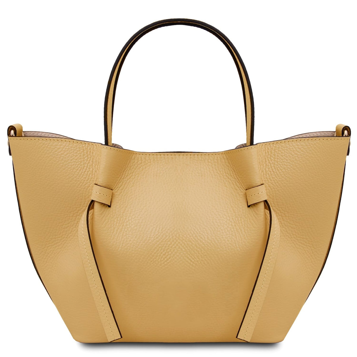 Light tan Legame small leather handbag with two top handles and a long shoulder strap, gold logo on front.