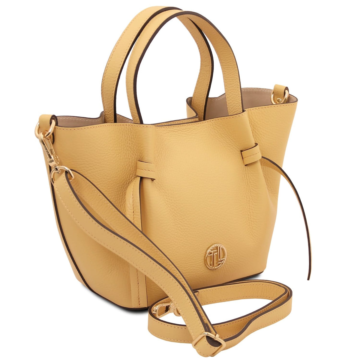Mustard yellow Legame small leather handbag with top handles and removable crossbody strap, gold front logo.