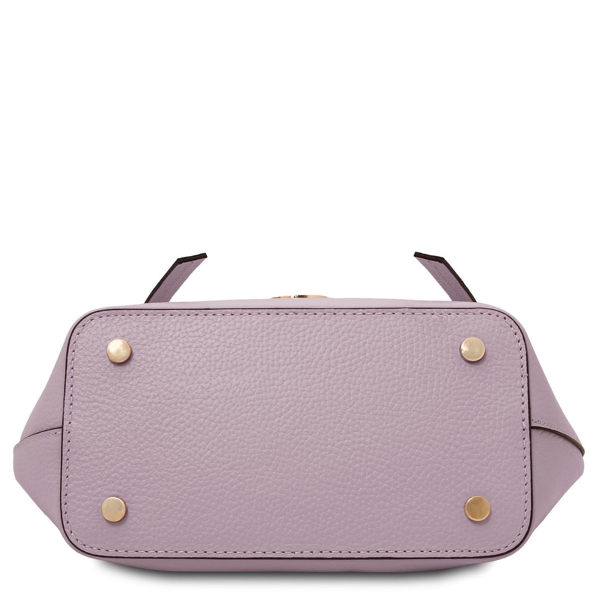 Bottom view of Legame lavender leather handbag showing four gold feet.