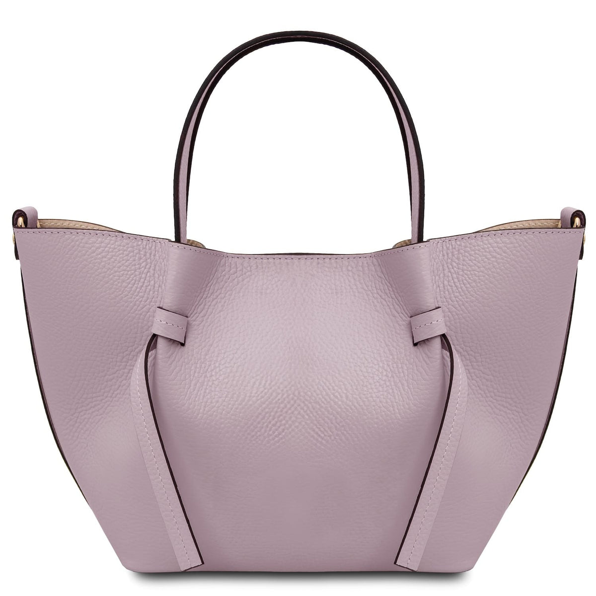 Legame small lavender leather handbag with a single arched top handle and curved sides.