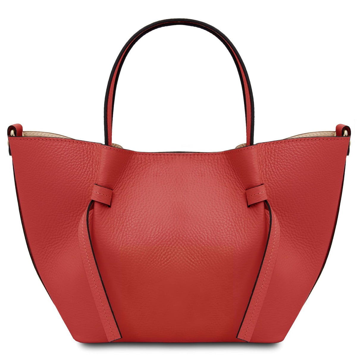 Front view of red leather handbag with curved sides and double top handles.