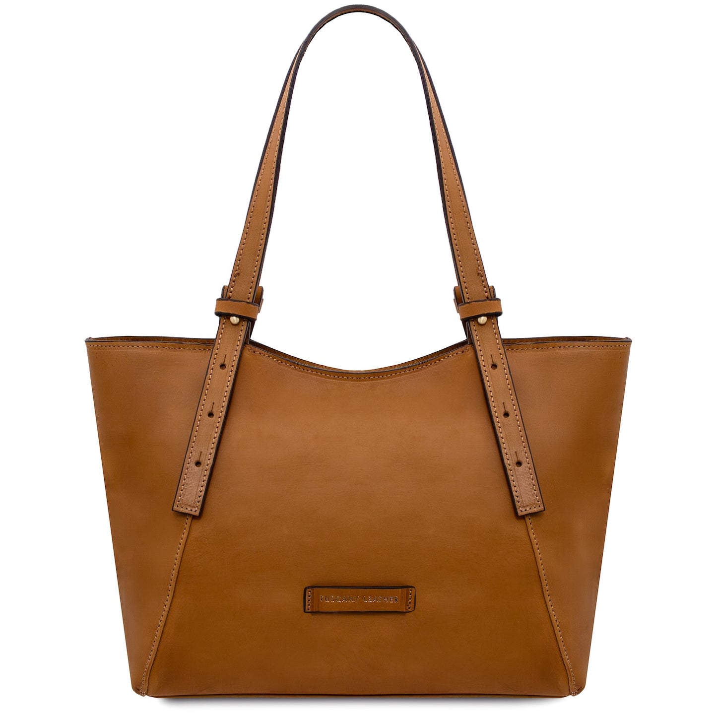 Tan Libra leather tote with two top handles and a clean minimalist exterior