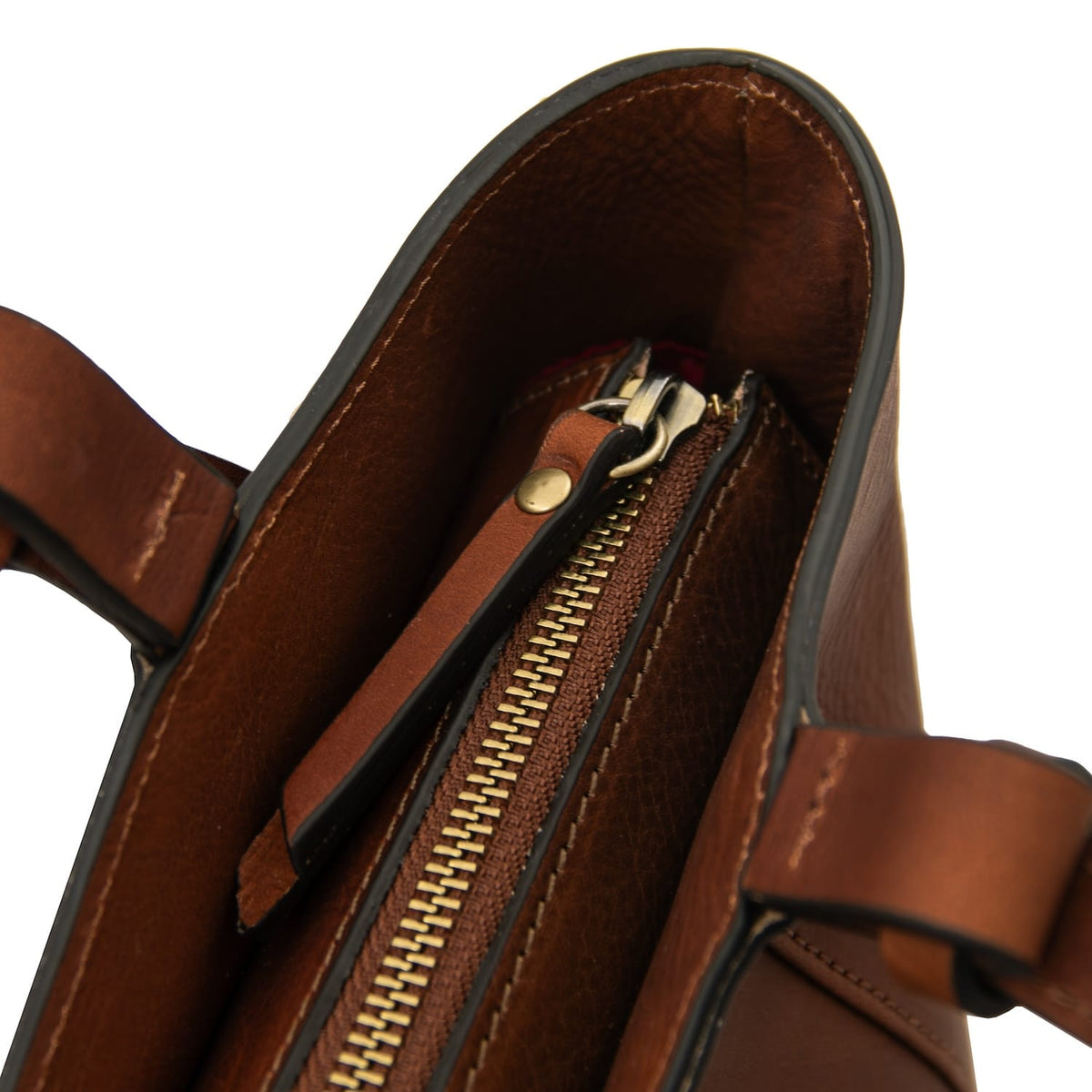 Interior view of brown Libra tote with a zippered pocket and organized interior.