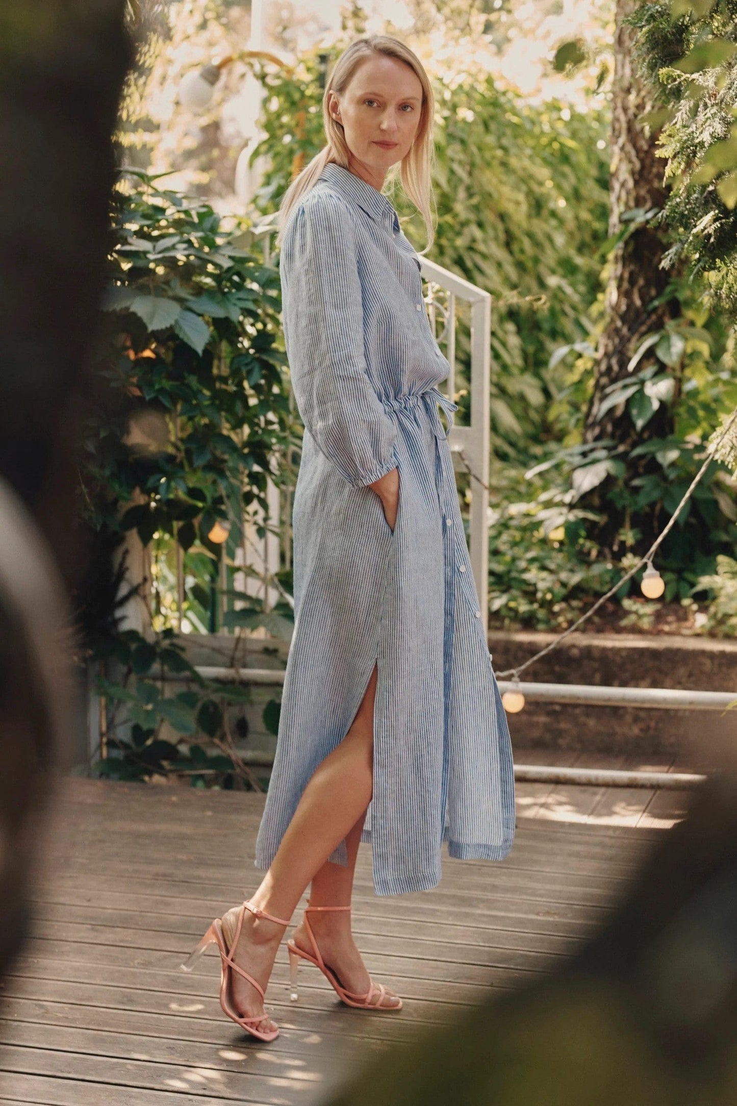 Linen Rhapsody Dress - Blue White Stripes - Premium - Shop now at San Rocco Italia