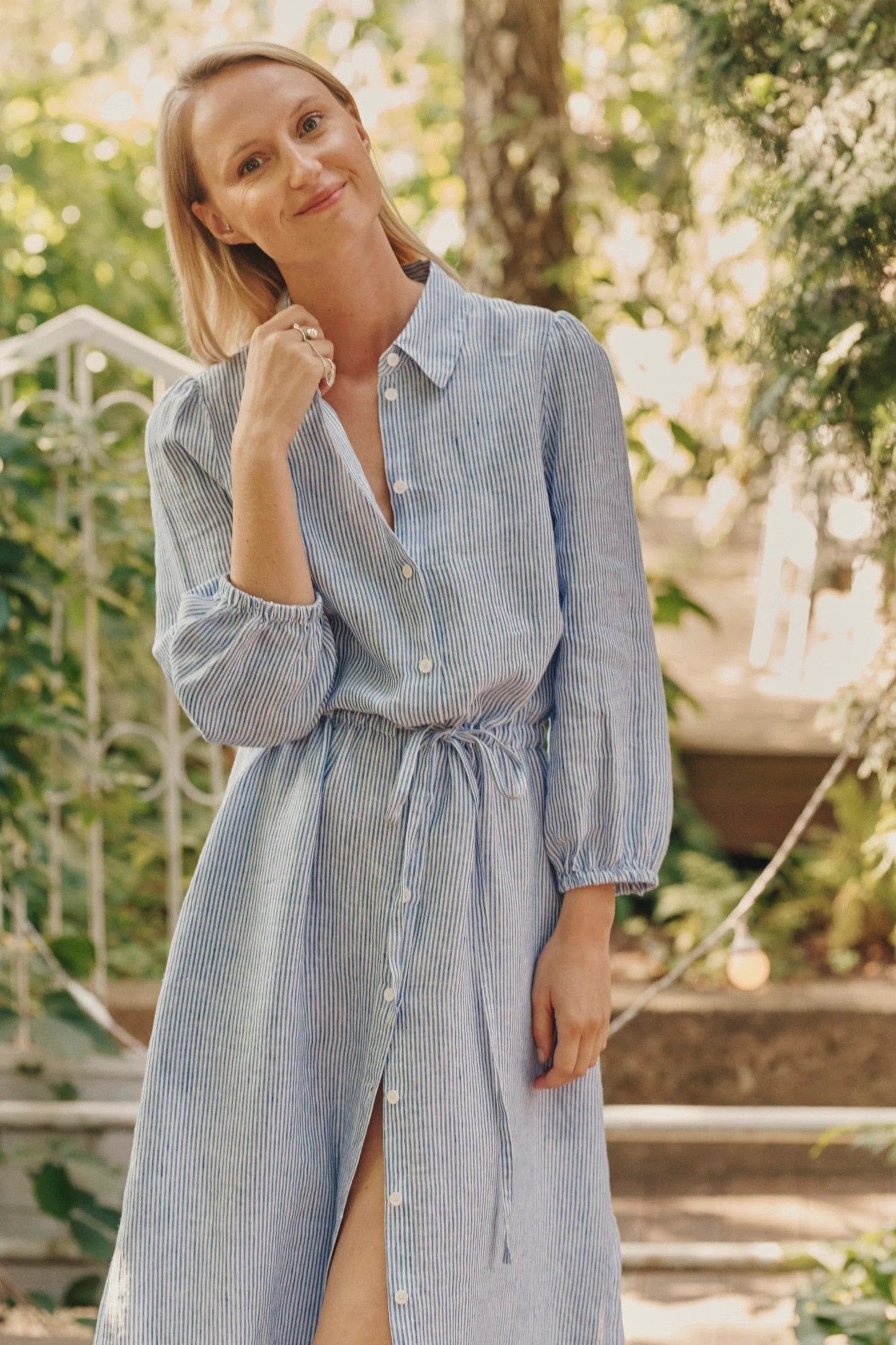 Linen Rhapsody Dress - Blue White Stripes - Premium - Shop now at San Rocco Italia