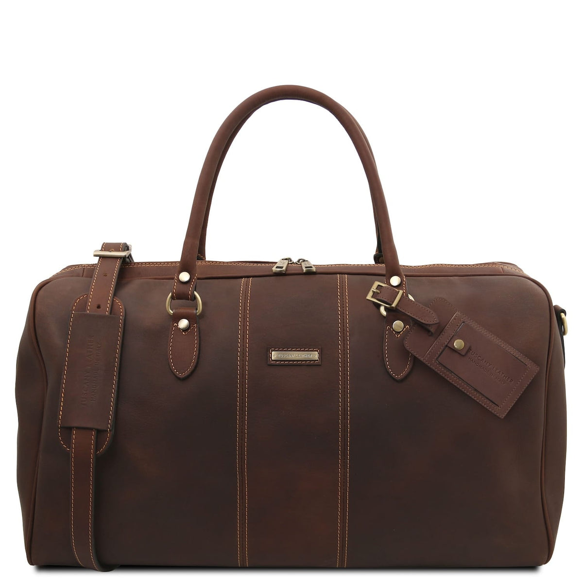 Lisbona large travel leather duffle bag in rich brown with zwei Tragegriffe and brass hardware