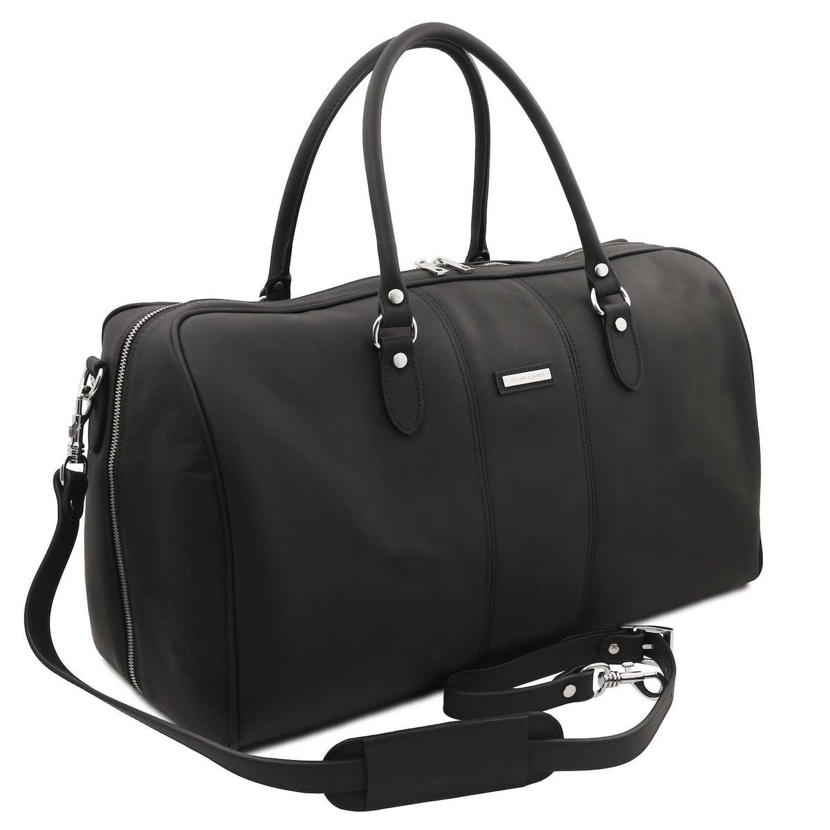 Lisbona large Travel Leather Duffle bag in black with zwei Tragegriffe and a abnehmbarer Schulterriemen