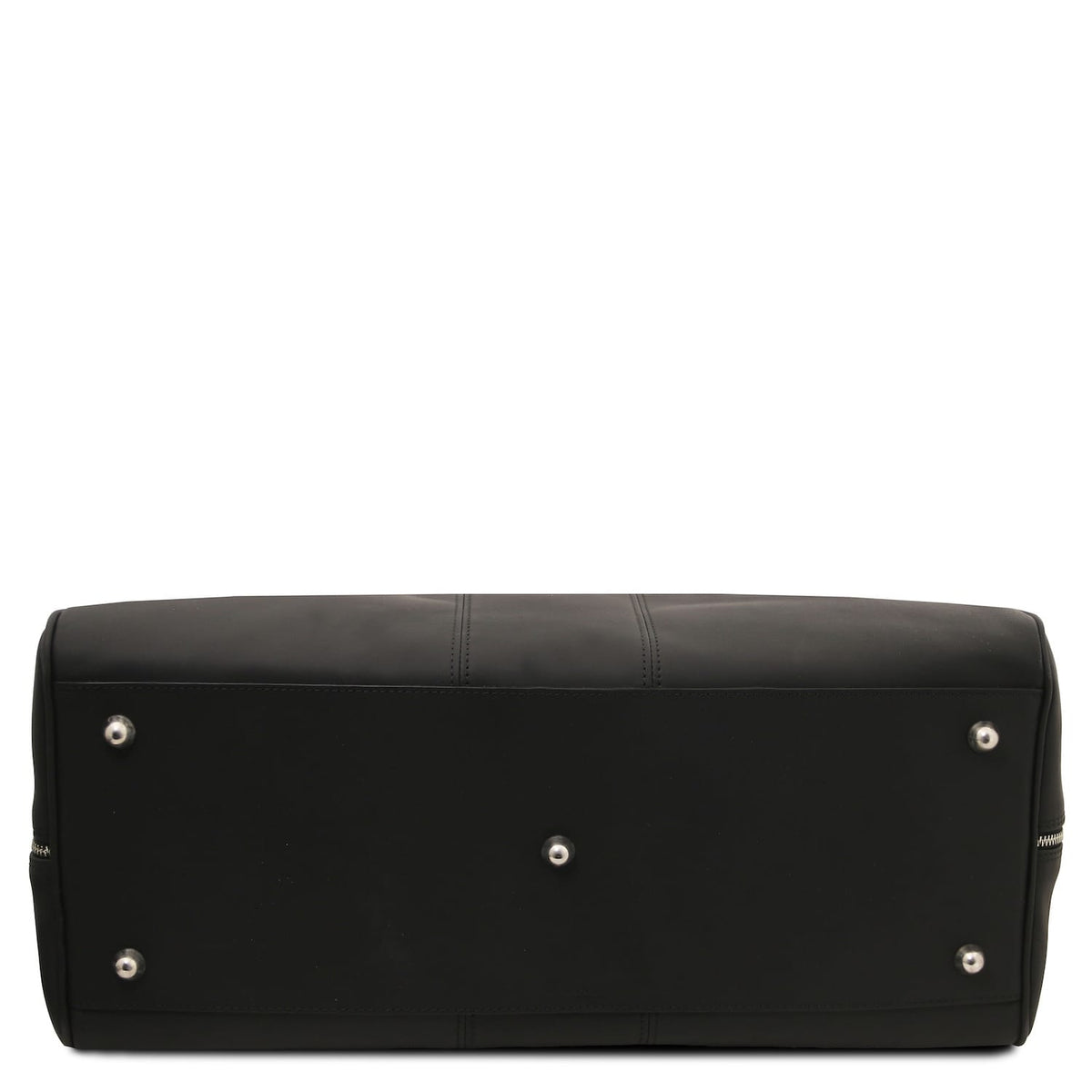 Unteransicht of black Lisbona travel leather duffle bag with metal feet