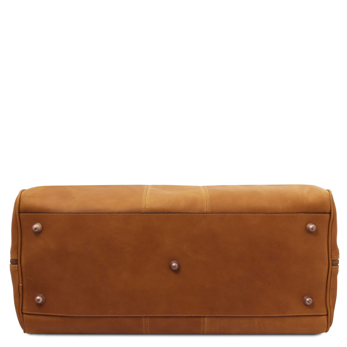Unteransicht of Lisbona Travel Leather Duffle bag large size in cognacfarben with metal studs.
