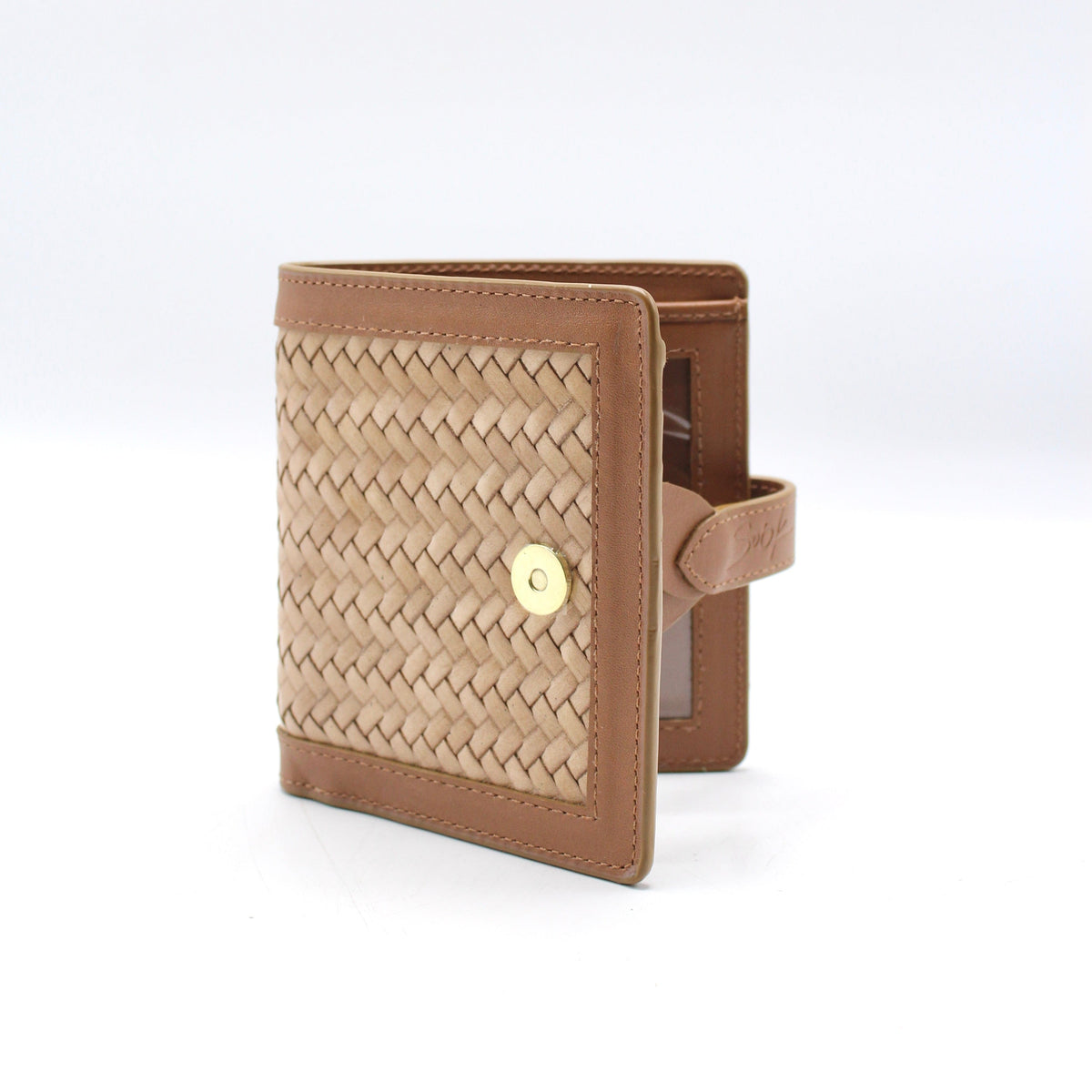 Lumi - Handwoven Leather Wallet | Brown & Taupe featuring woven leather with smooth brown leather trim and a gold-tone snap closure.