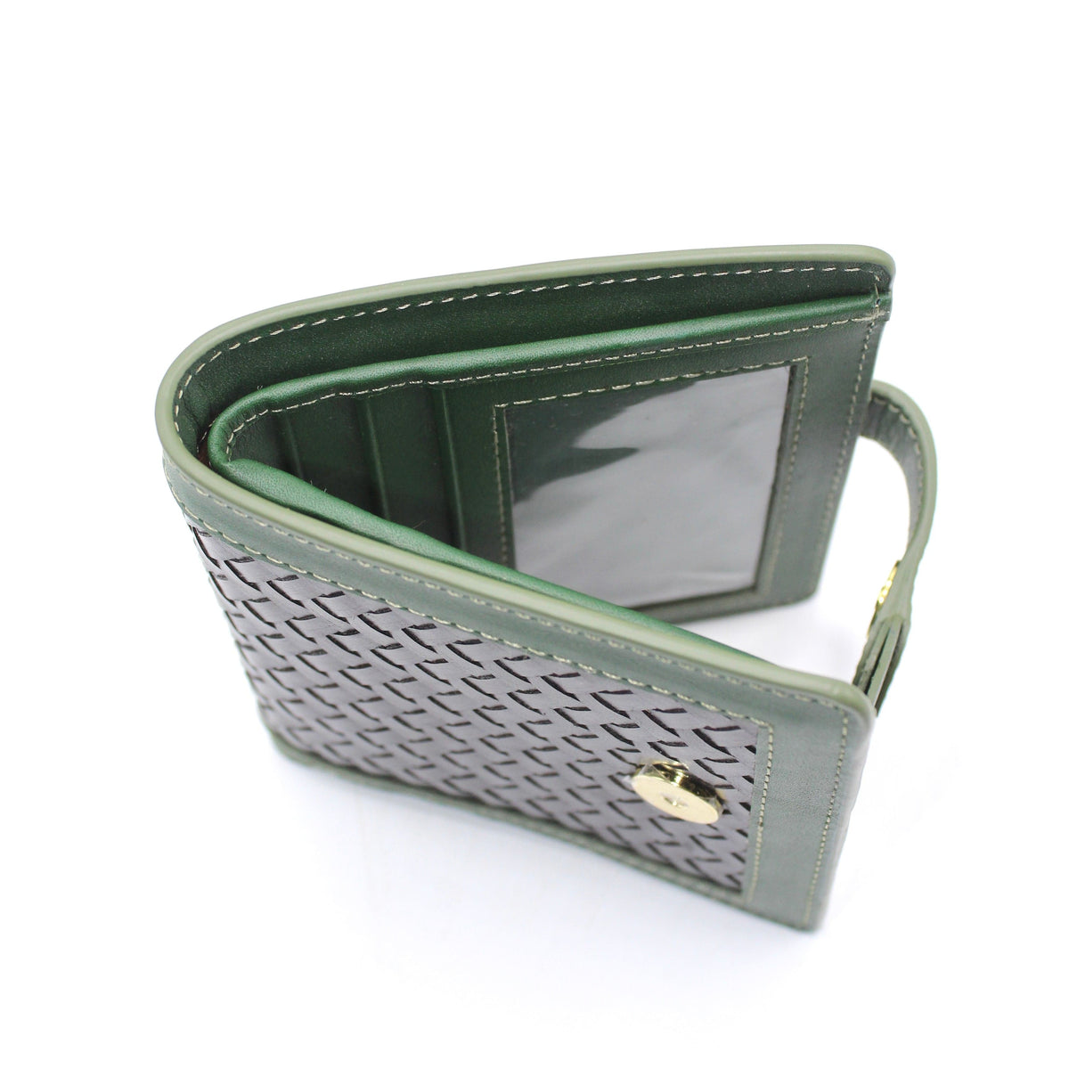 Lumi - Handwoven Leather Wallet | Green&Dark Coffee with woven leather exterior, multiple card slots, and a clear ID window inside.