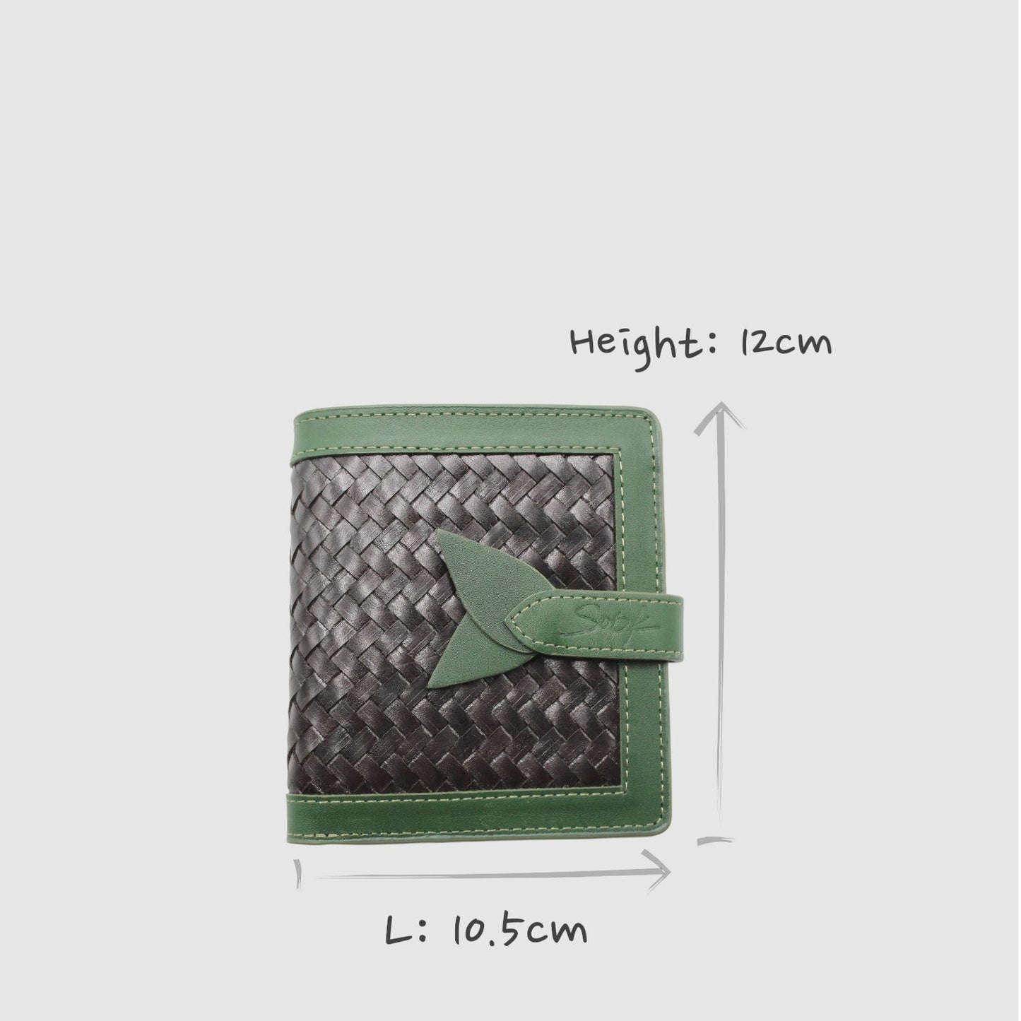Lumi - Handwoven Leather Wallet | Green&Dark Coffee featuring woven dark coffee leather with green leather trim and a leaf-shaped clasp detail.