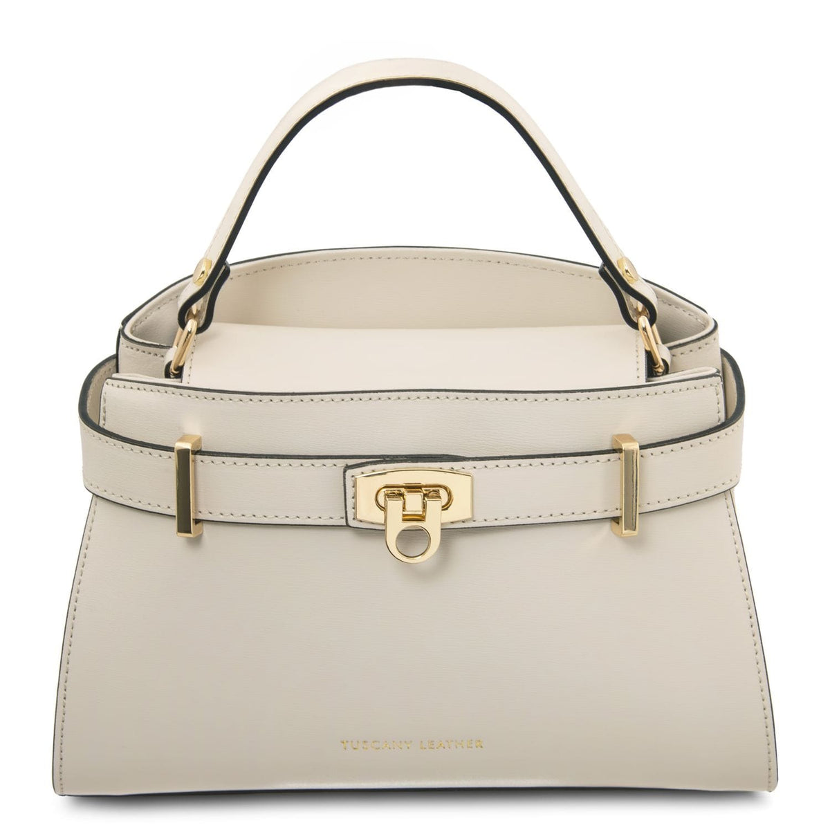 Beige maisy handbag with gold accents on a white background
