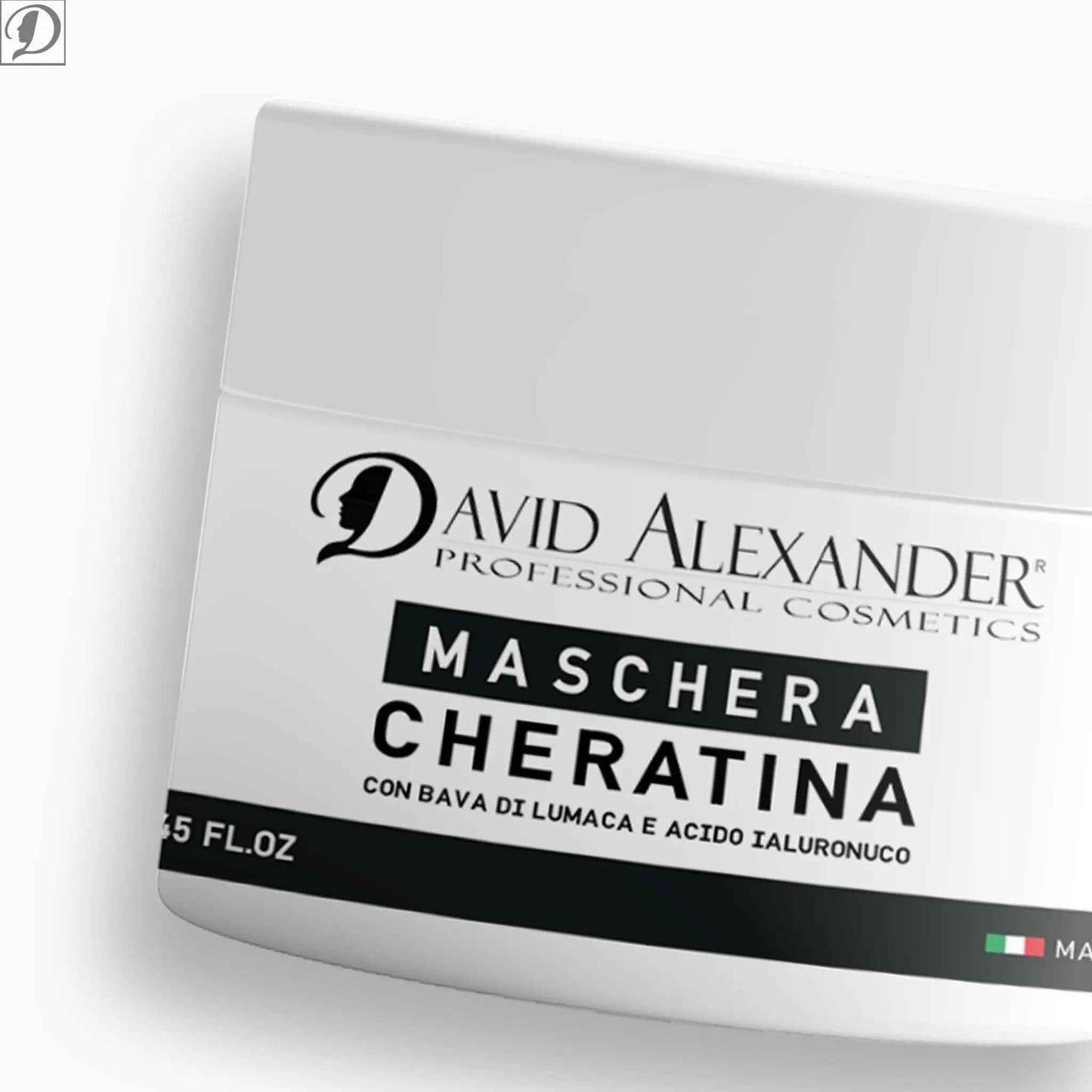Close up of Maschera Cheratina jar label on a white container with Keratin mask design
