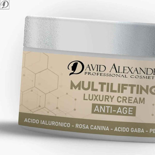 Close-up of Multilifting Luxury Cream jar label with hexagonal pattern and Anti Age text