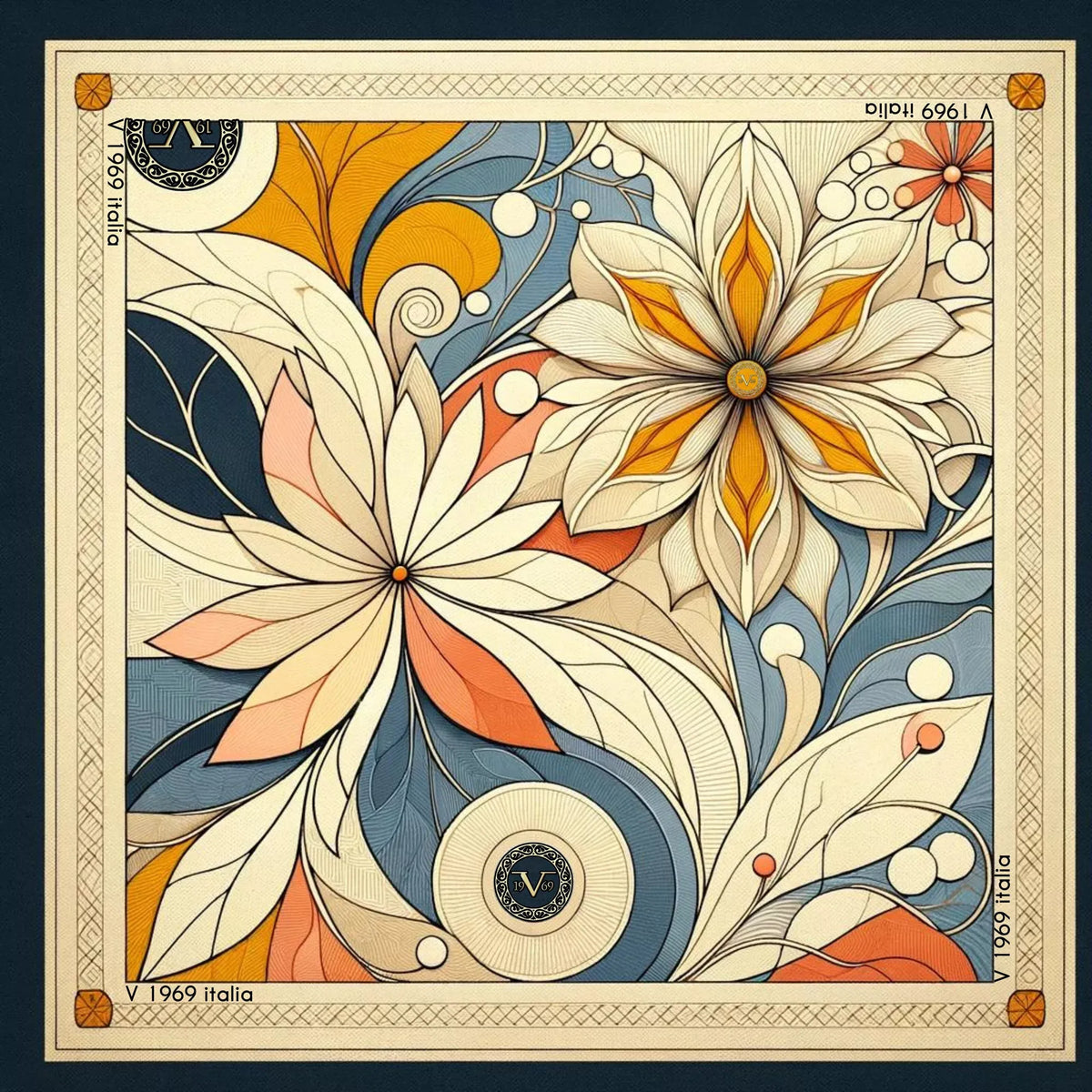 Mystic Flowers Large Square Silk Schal (90 × 90 cm) featuring intricate floral patterns in muted orange, blue, and beige tones.