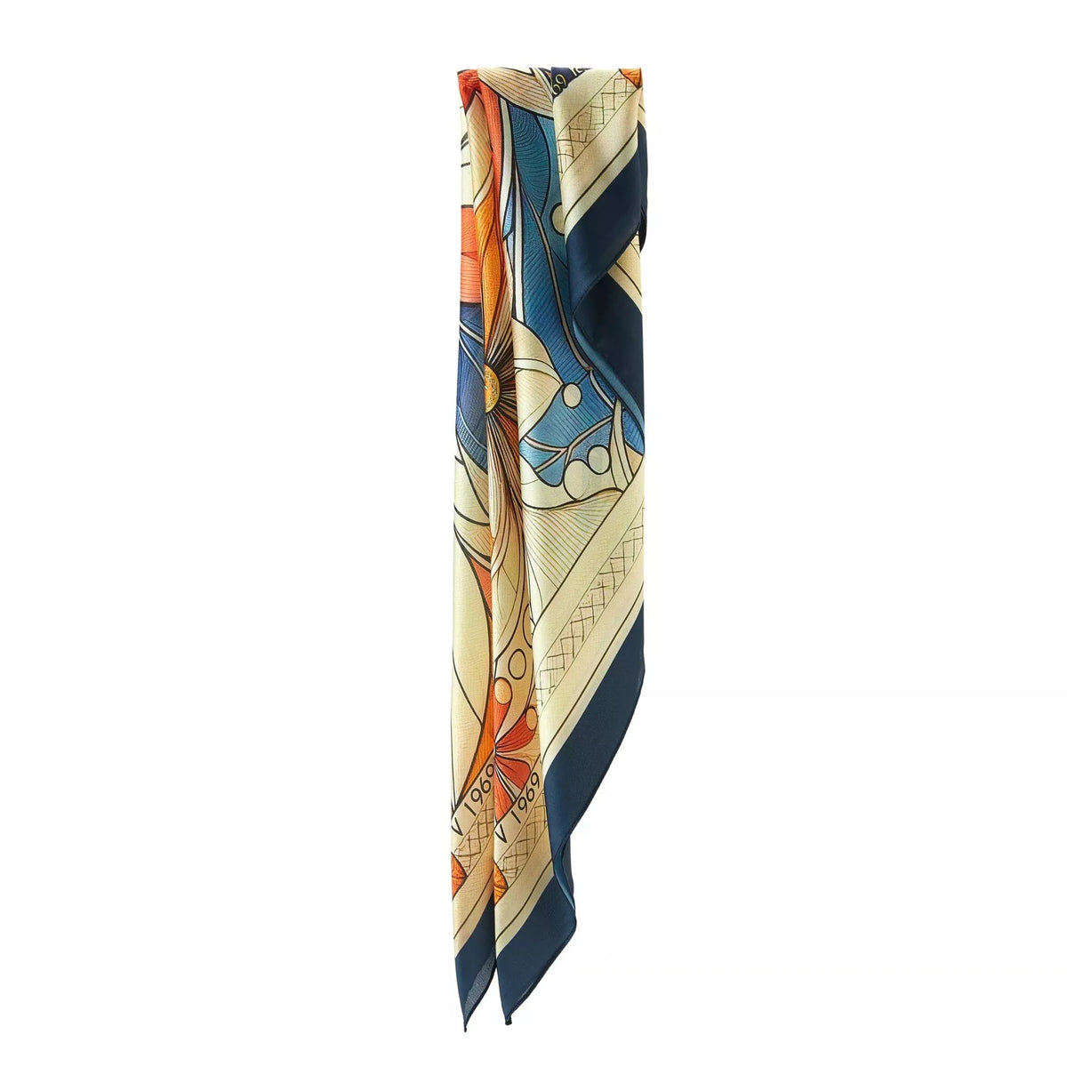 Mystic Flowers Large Square Silk Schal (90 × 90 cm) hanging folded with detailed floral and geometric patterns in blue, orange, and cream.