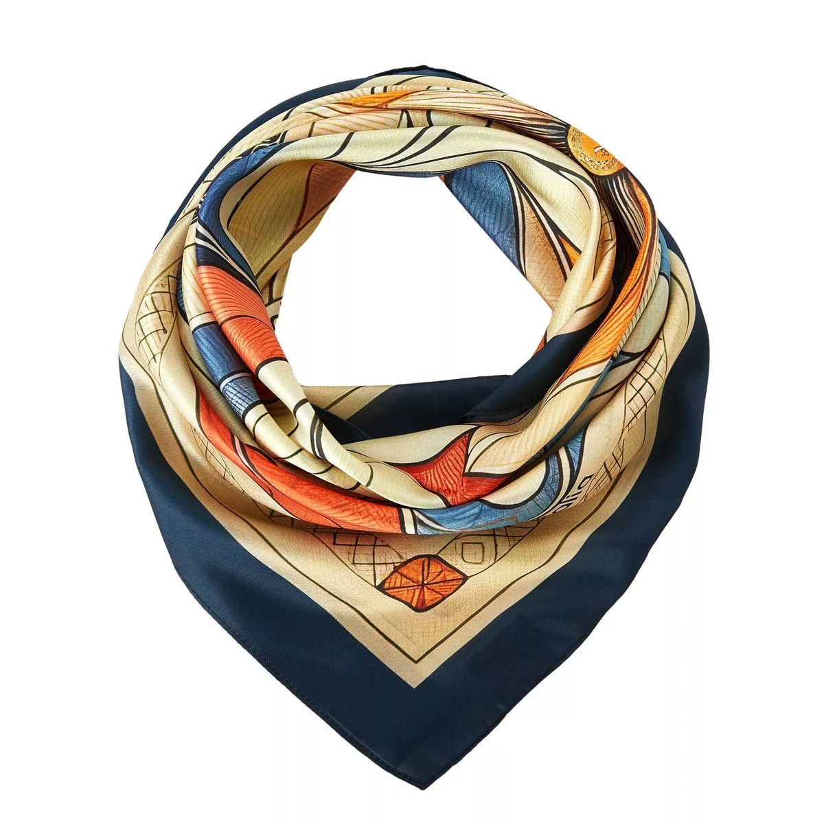 Mystic Flowers Large Square Silk Schal (90 × 90 cm) folded with floral and geometric patterns in navy, beige, and orange tones.