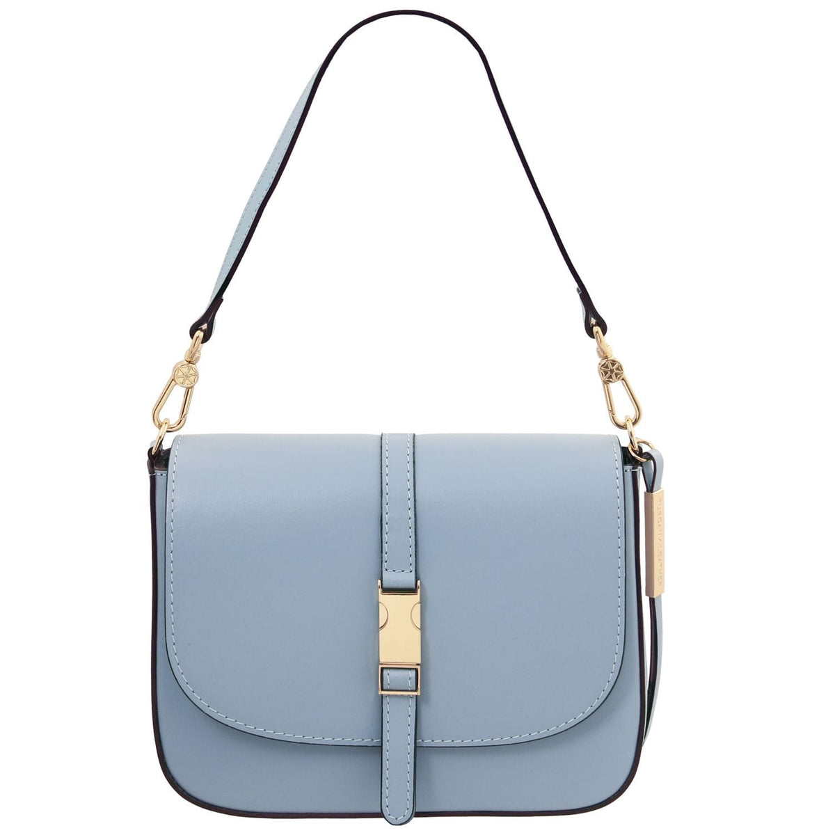 Light blue handbag with a gold clasp on a white background