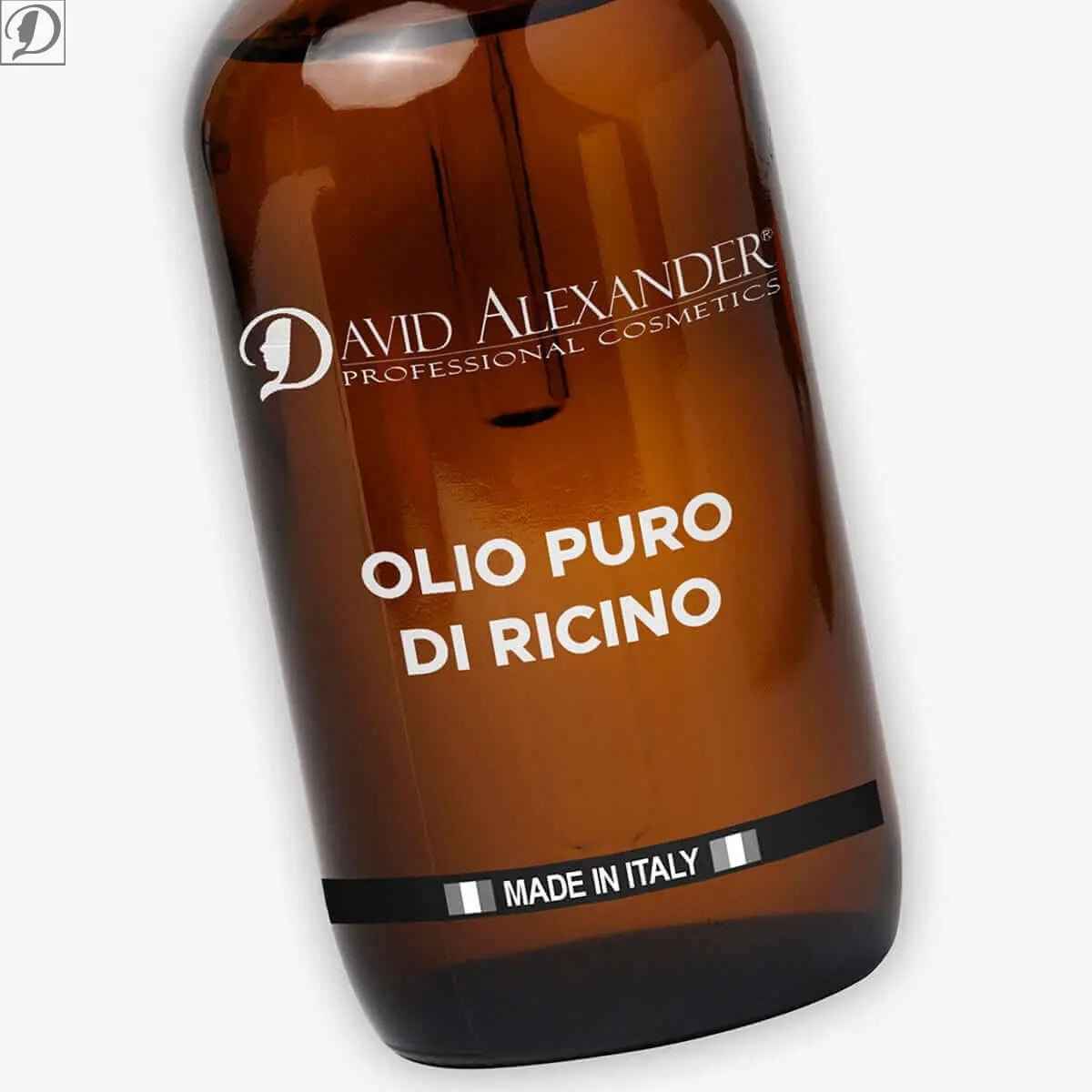 Angled view of amber dropper bottle labeled Olio Puro di Ricino with Made in Italy band