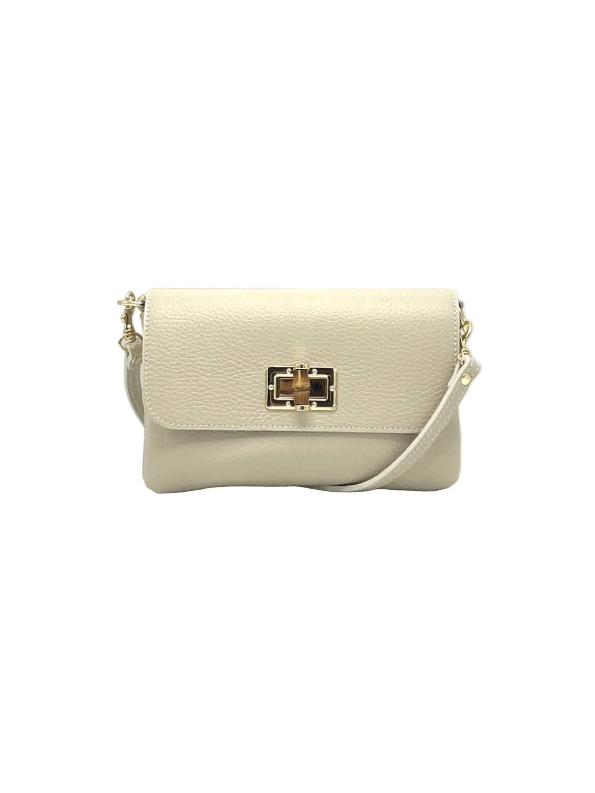 Orbetello leather shoulder bag in beige with genarbte Struktur and a goldfarbener Drehverschluss