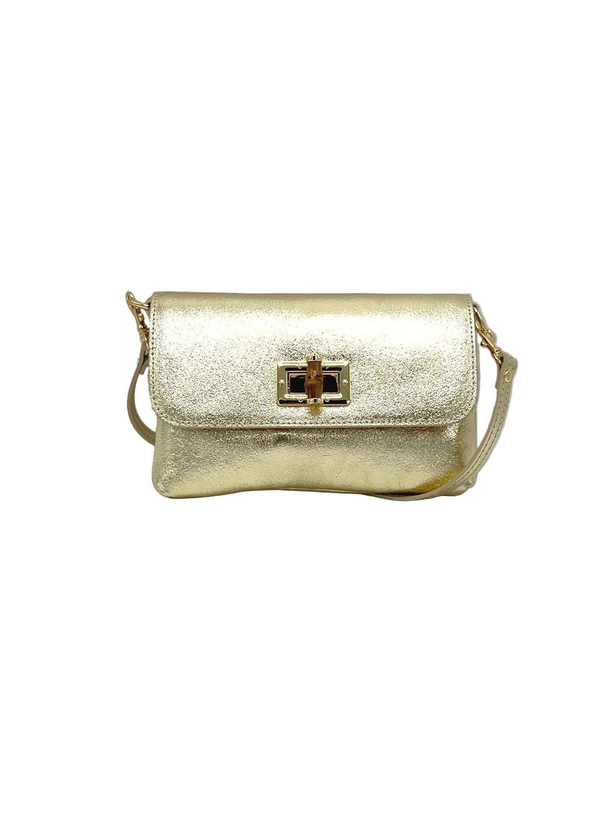 Orbetello leather shoulder bag in gold metallic finish with a front flap and goldfarbener Drehverschluss