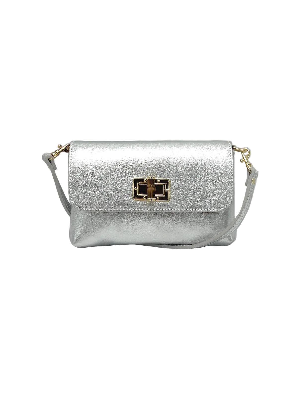 Silber metallic Orbetello shoulder bag with gold turn lock clasp and strap