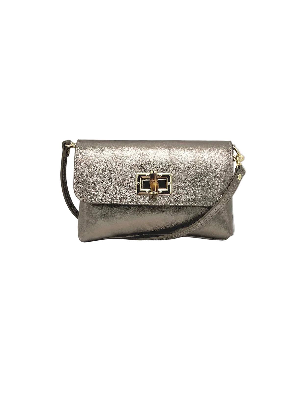 Orbetello leather shoulder bag in metallic taupe with a front flap and goldfarbener Drehverschluss