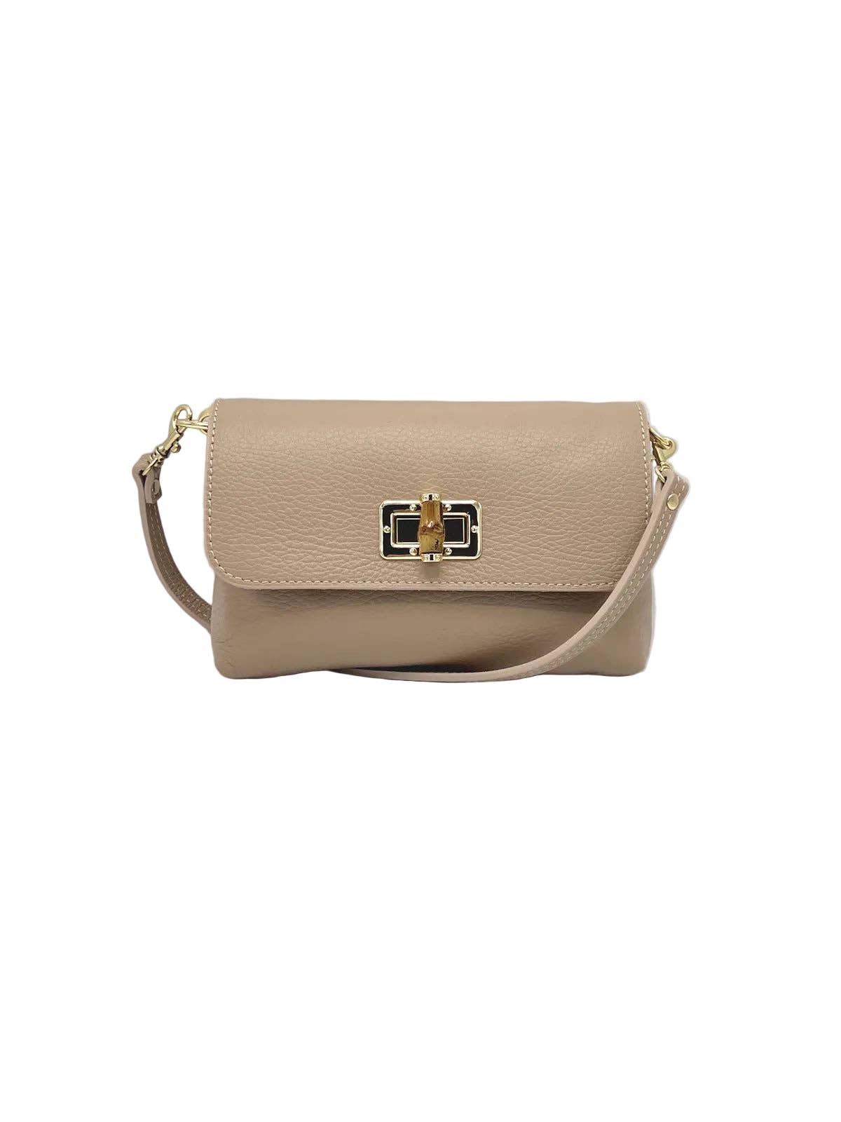 Orbetello Leder-Schultertasche in Taupe-Beige mit goldfarbenem Drehverschluss und passendem Riemen