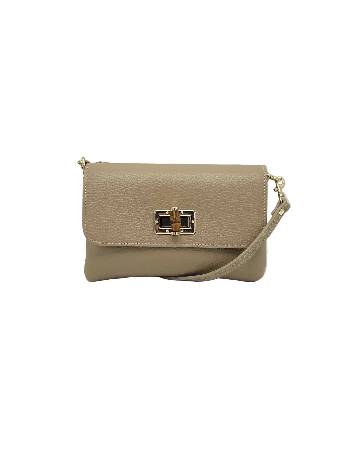 Orbetello leather shoulder bag in warm taupe with goldfarbene Beschläge and an verstellbarer Riemen.