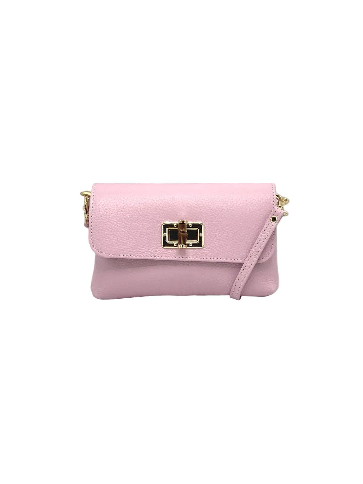 Orbetello Leather Shoulder Bag in zartrosa with a gold turnlock clasp.