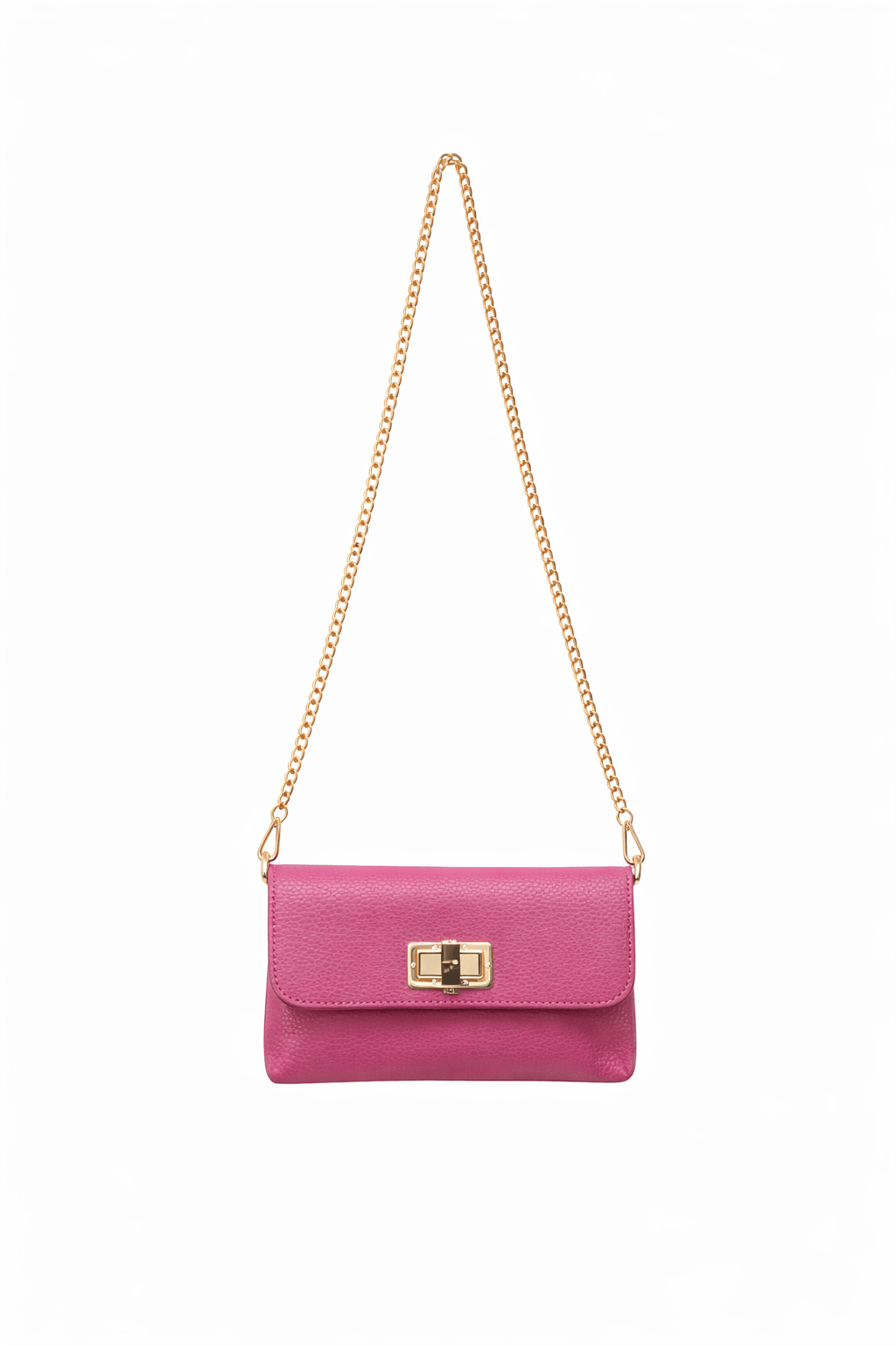 Magenta genarbtes Leder shoulder bag with a gold chain strap and a goldfarbener Drehverschluss.