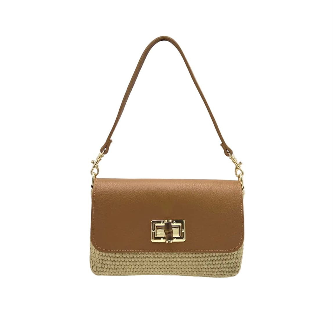 Cognac and straw shoulder bag with a gold clasp sur fond blanc