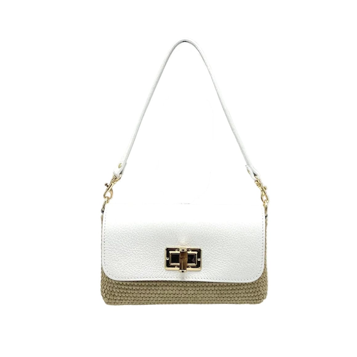 Orbetello raffia and leather shoulder bag in white leather top with natural raffia bottom and finitions dorées